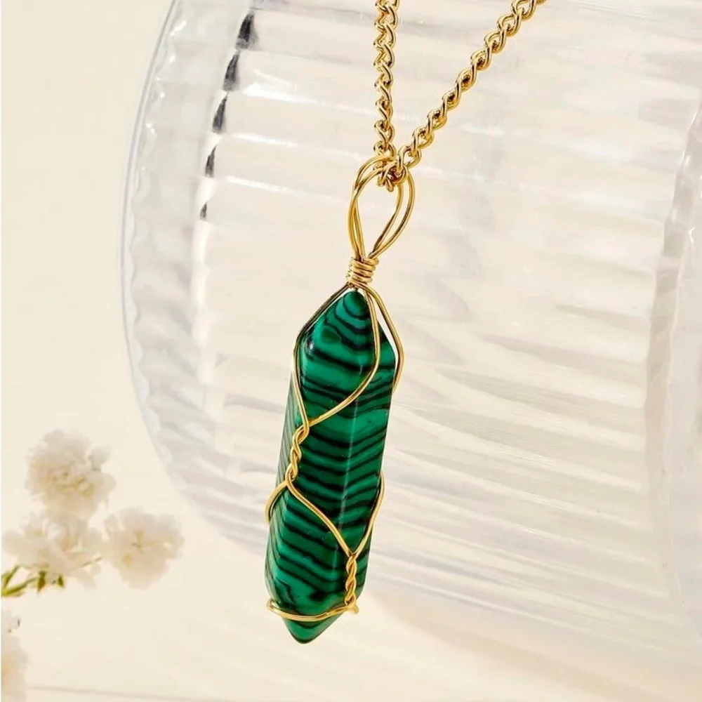 New Handmade Green Malachite 10k Gold Wire Wrapped S925 Silver Amulet Necklace